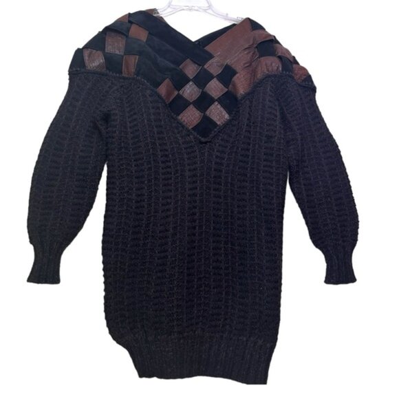 NORMA Vintage 80s Hand Knit Intrecciato Leather Chunky Sweater Dress Tunic Top M